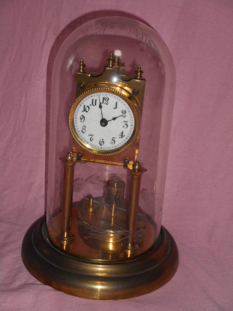 置時計■切子ガラス・ドーム時計・真鍮・ぜんまい・メーカー不明■USED
