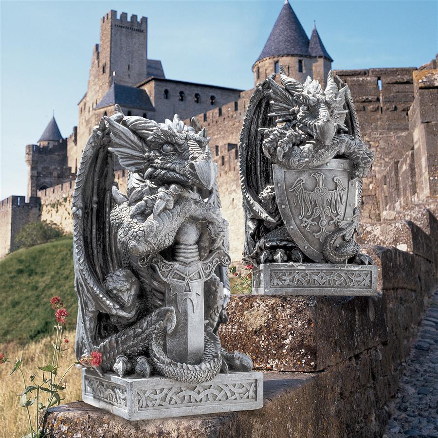 盾を持つドラゴン　重厚なアンティークオブジェ西洋彫刻洋風飾り装飾インテリア置物飾り中世ヨーロッパデザイン竜ネオクラシック風雑貨_画像2