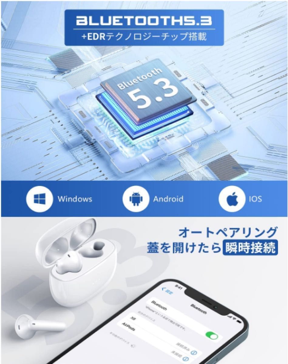 IPX7防水瞬間接続Bluetooth5.3+EDR搭載 Hi-Fiステレオワイヤレスイヤホン