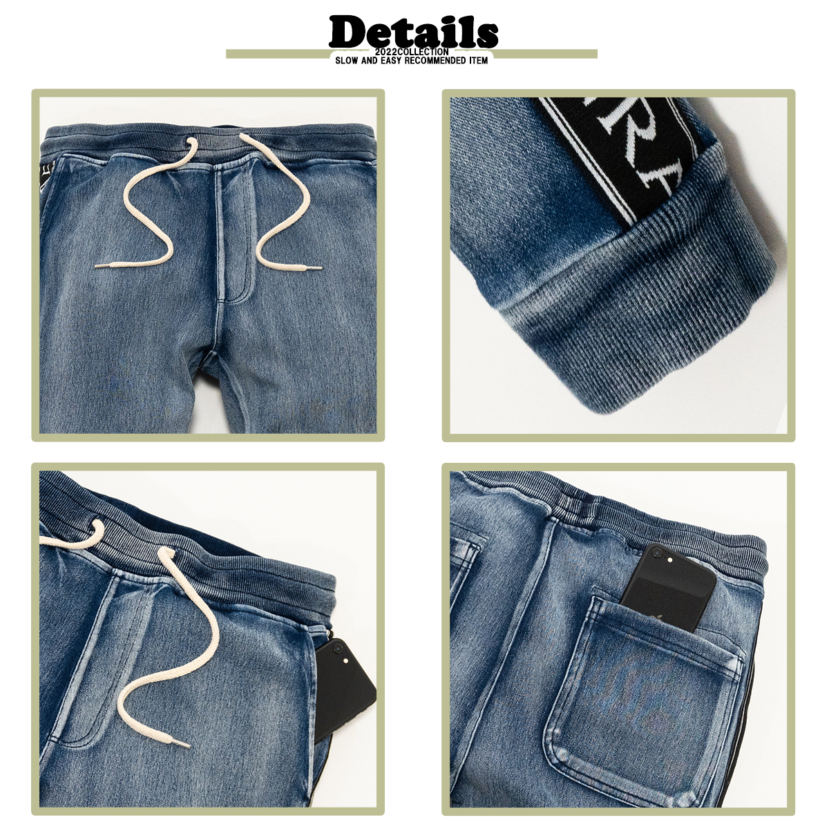 INDIGO カットデニム ジャガード LOGOテープ セットアップ 青/L パーカー ジョガーパンツ 裾リブ 上下 ストレッチ スウェット 西海岸_画像7