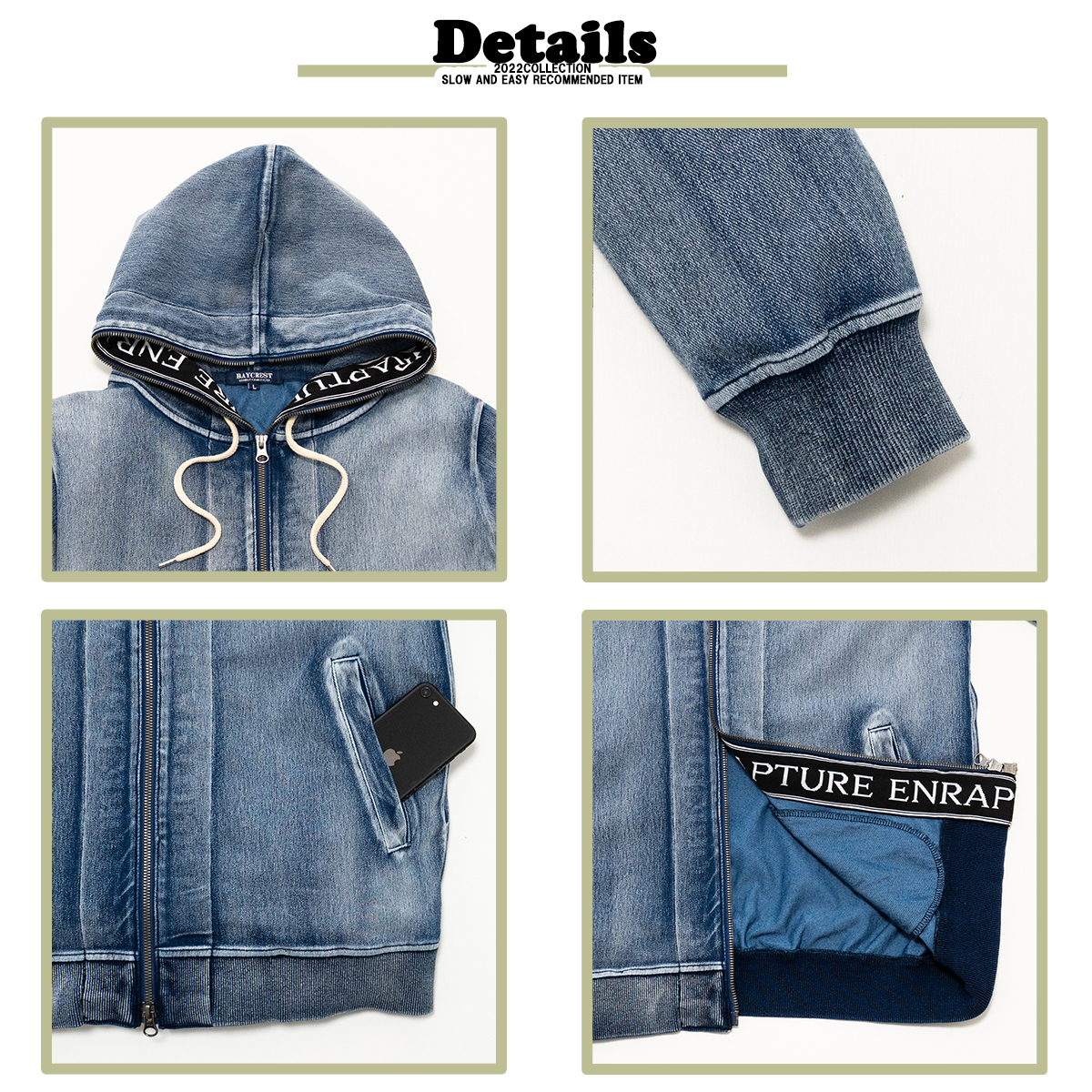 INDIGO カットデニム ジャガード LOGOテープ セットアップ 青/L パーカー ジョガーパンツ 裾リブ 上下 ストレッチ スウェット 西海岸_画像5