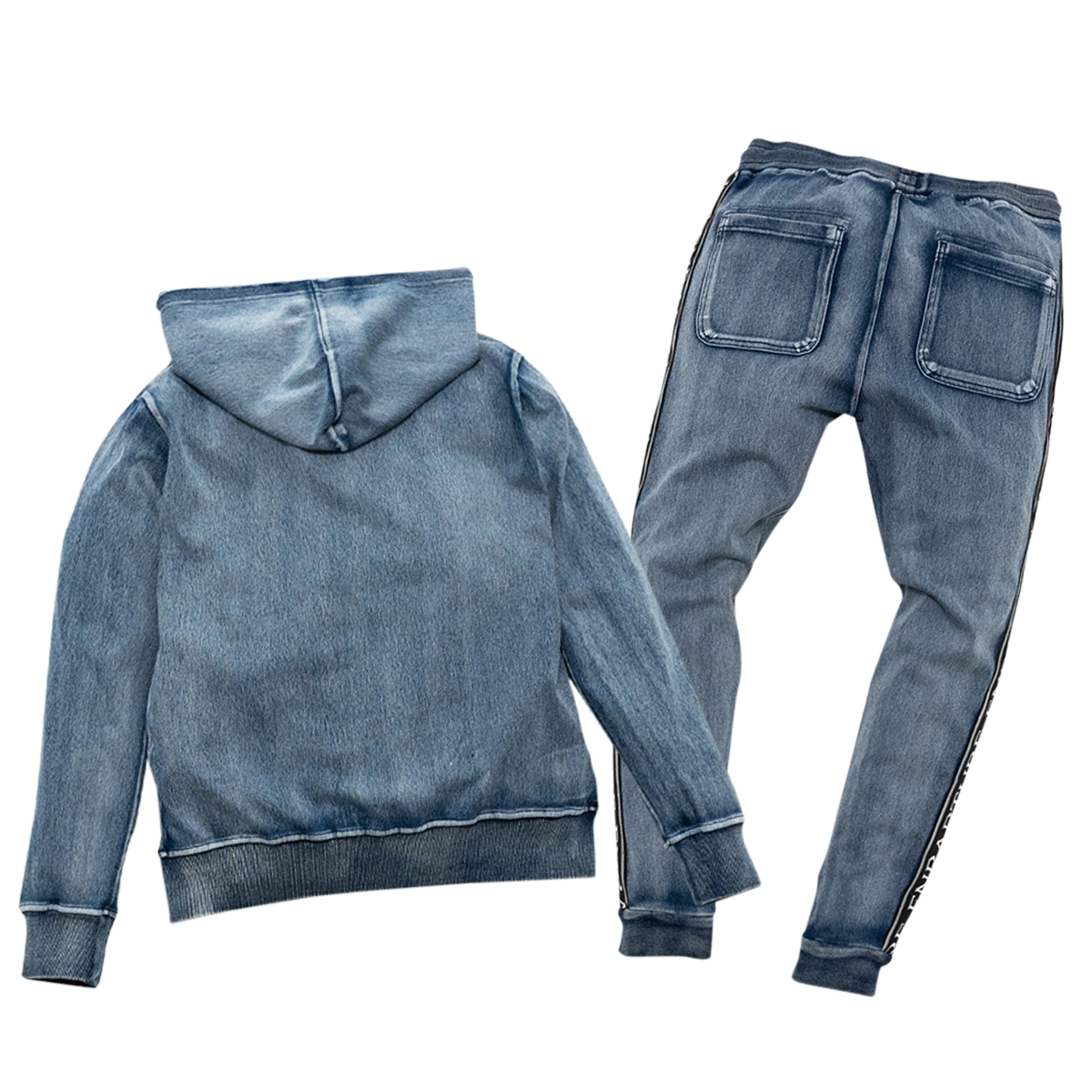INDIGO カットデニム ジャガード LOGOテープ セットアップ 青/L パーカー ジョガーパンツ 裾リブ 上下 ストレッチ スウェット 西海岸_画像2