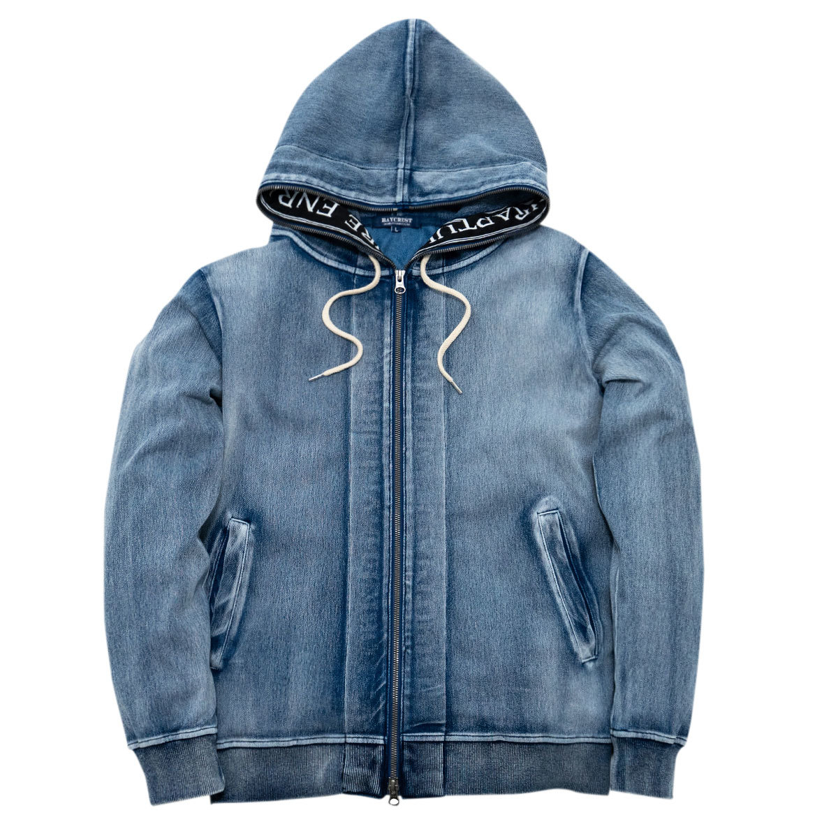 INDIGO カットデニム ジャガード LOGOテープ セットアップ 青/L パーカー ジョガーパンツ 裾リブ 上下 ストレッチ スウェット 西海岸_画像3