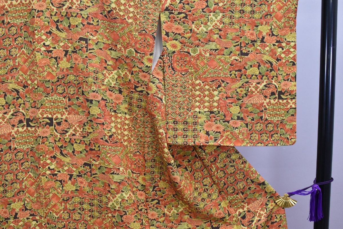 【桜庭呉服店】小紋 着物 花 葉 菱文 鳥 おしゃれ 身丈155cm 裄丈63.3cm　★ kb-2345_画像5