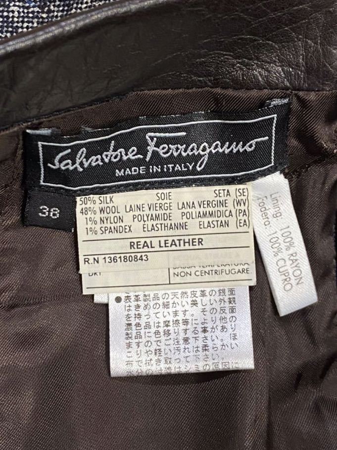 上質高級 イタリア製 Salvatore Ferragamo サルヴァトーレ フェラガモ シルク混 スカート 膝丈 部分レザー グレー系 38サイズ 新規×（F4）_画像5