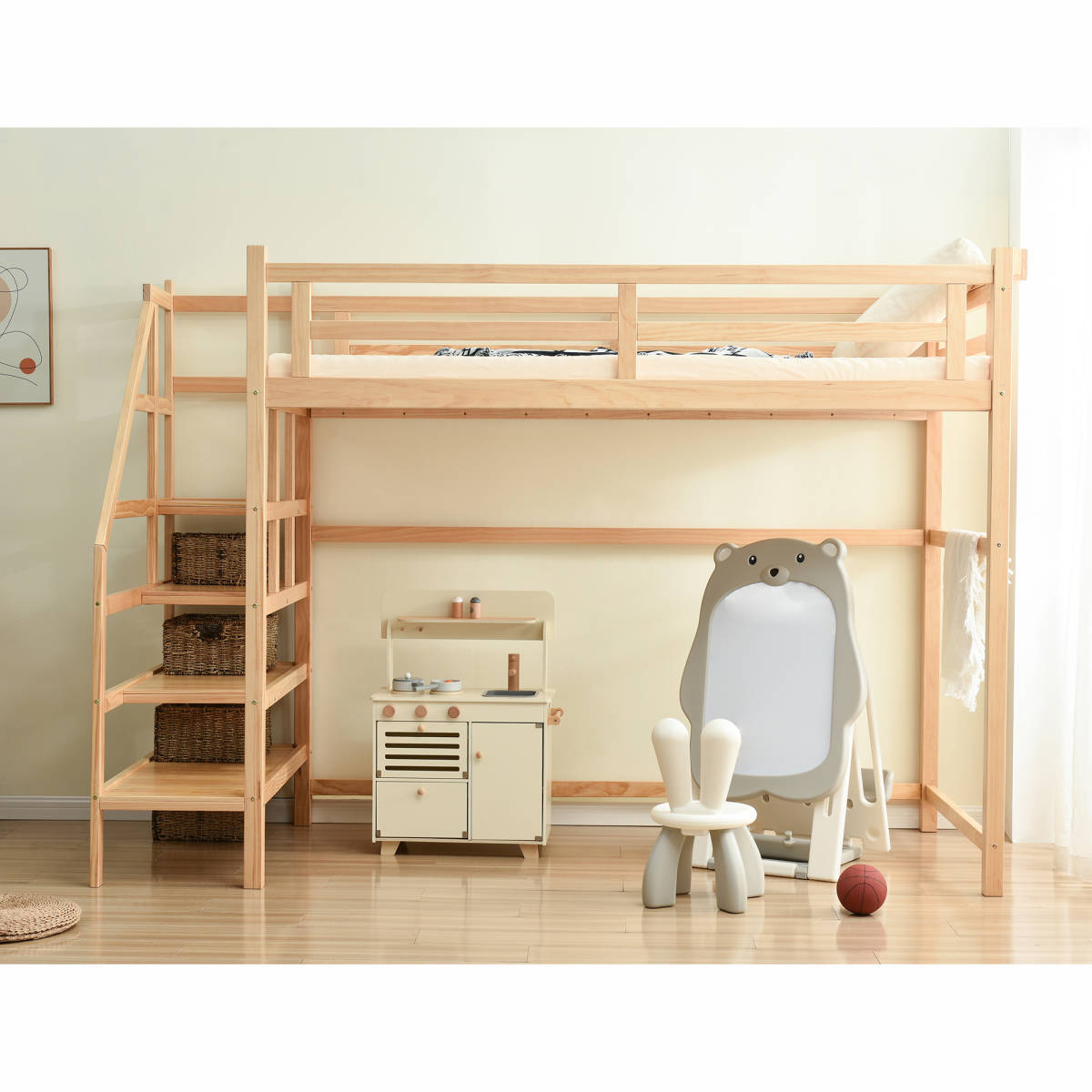ロフトベッドシングル 収納 コンセント付き宮付き北欧風 二段ベッド子供ベッド木製