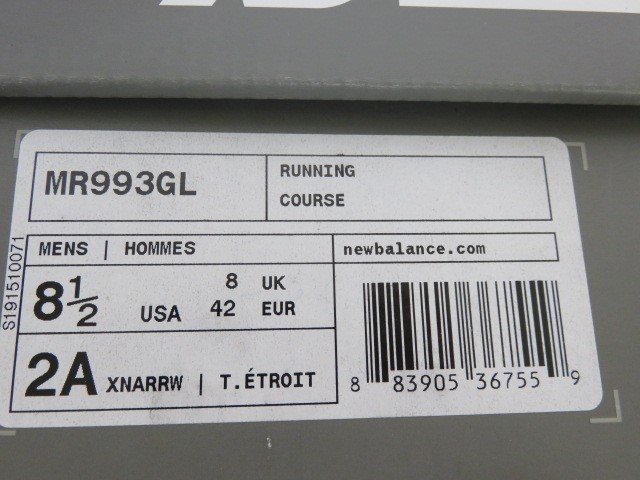 箱有 new balance ニューバランス MR993GL スニーカー ローカット スウェード 26.5cm グレー 991681298_画像9