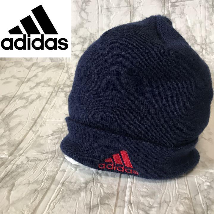 90’s adidas アディダス　ビーニー　ニット帽　刺繍ロゴ　古着