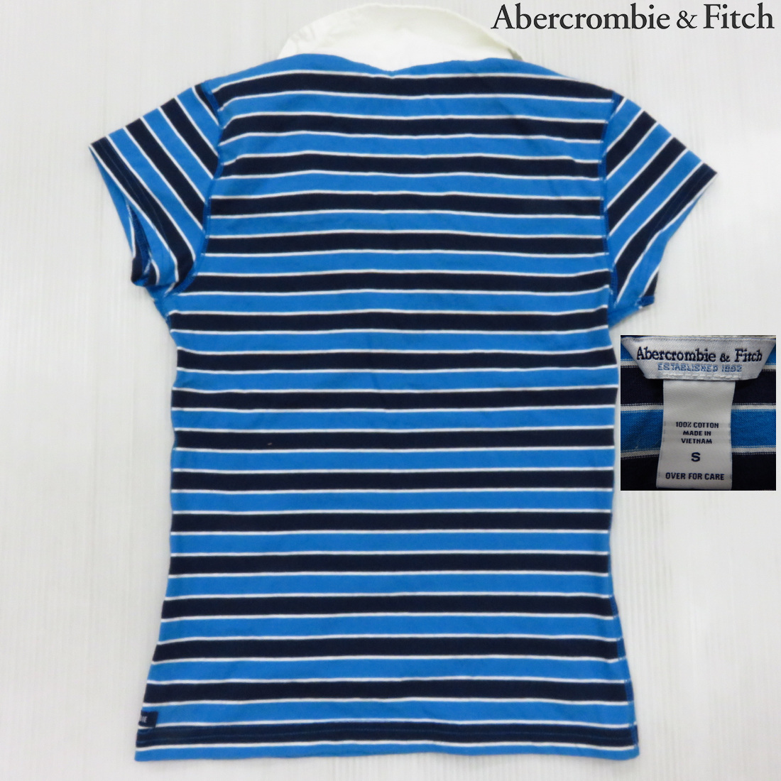 14●●A&F アバクロンビー＆フィッチ Abercrombie & Fitch ボーダー フレンチ袖 ポロシャツ 襟付きTシャツ Sサイズ 100%コットン 紺 水色_画像3