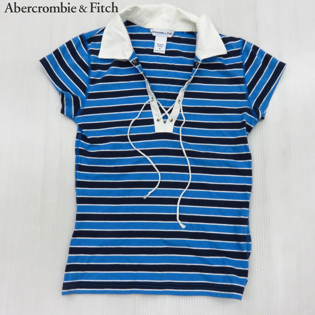 14●●A&F アバクロンビー＆フィッチ Abercrombie & Fitch ボーダー フレンチ袖 ポロシャツ 襟付きTシャツ Sサイズ 100%コットン 紺 水色_画像2