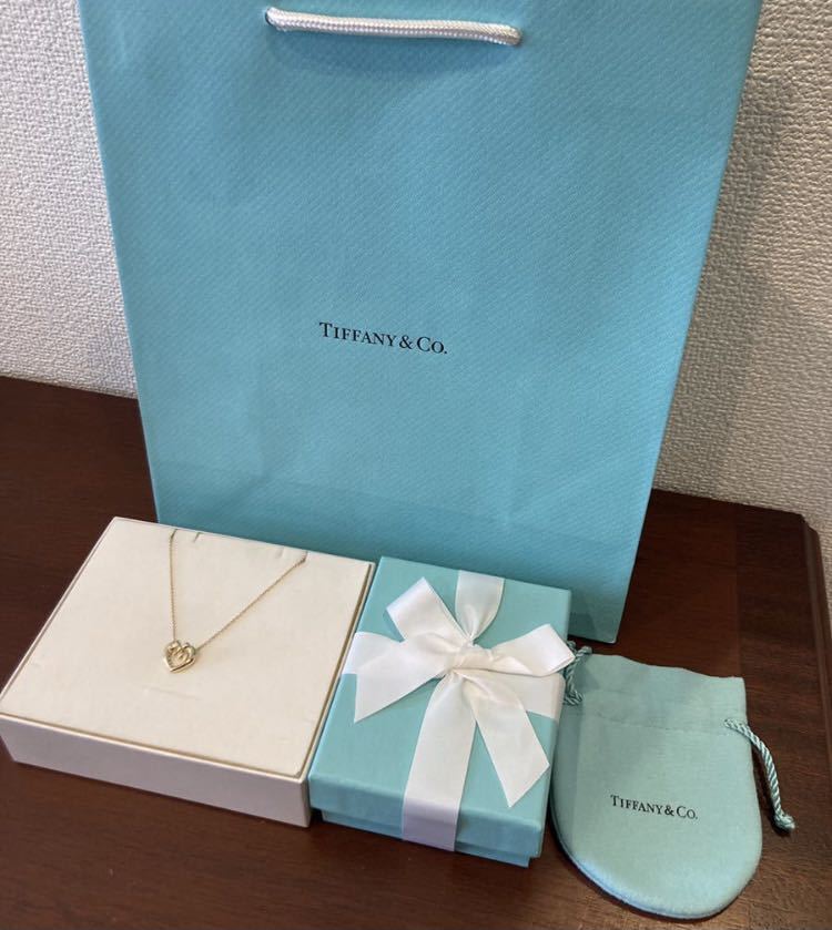 新品 正規品 ティファニーアンドコー TIFFANY &Co. ネックレス オープンハート リボン イエローゴールド 750 K18 箱 巾着 紙袋  ゴールド