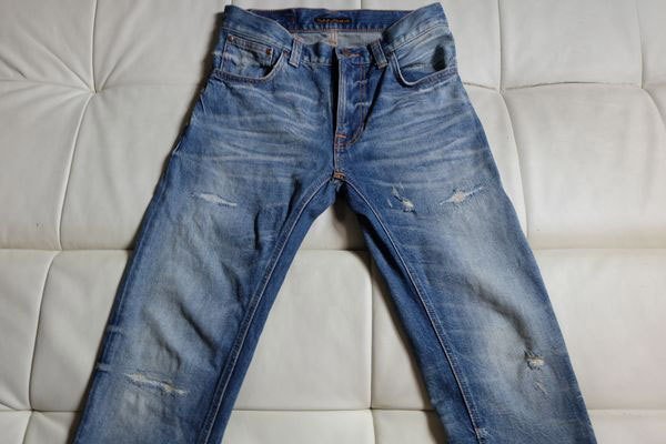 レア ヌーディージーンズ シンフィン Repaired Vintage 30(ウエスト約78cm) ダメージ加工スリムデニムパンツ リペア Nudie Jeans THIN FINN_画像2