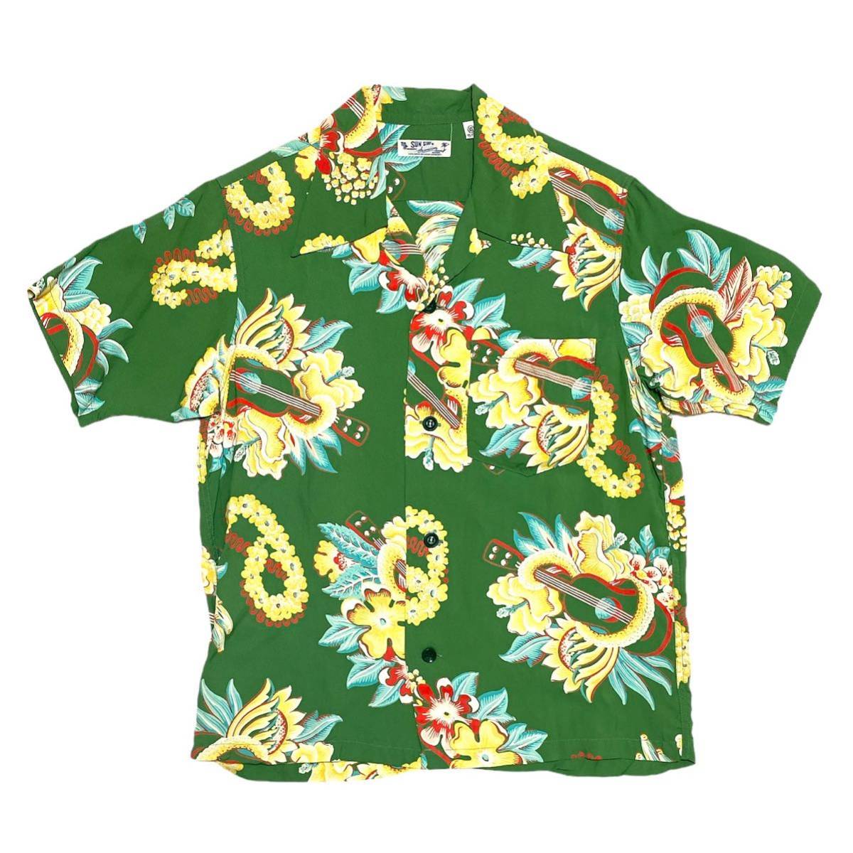 春のコレクション 花 ウクレレ アロハシャツ アロハ サンサーフ 美品 XSサイズ 22L01 グリーン系 XSサイズ以下