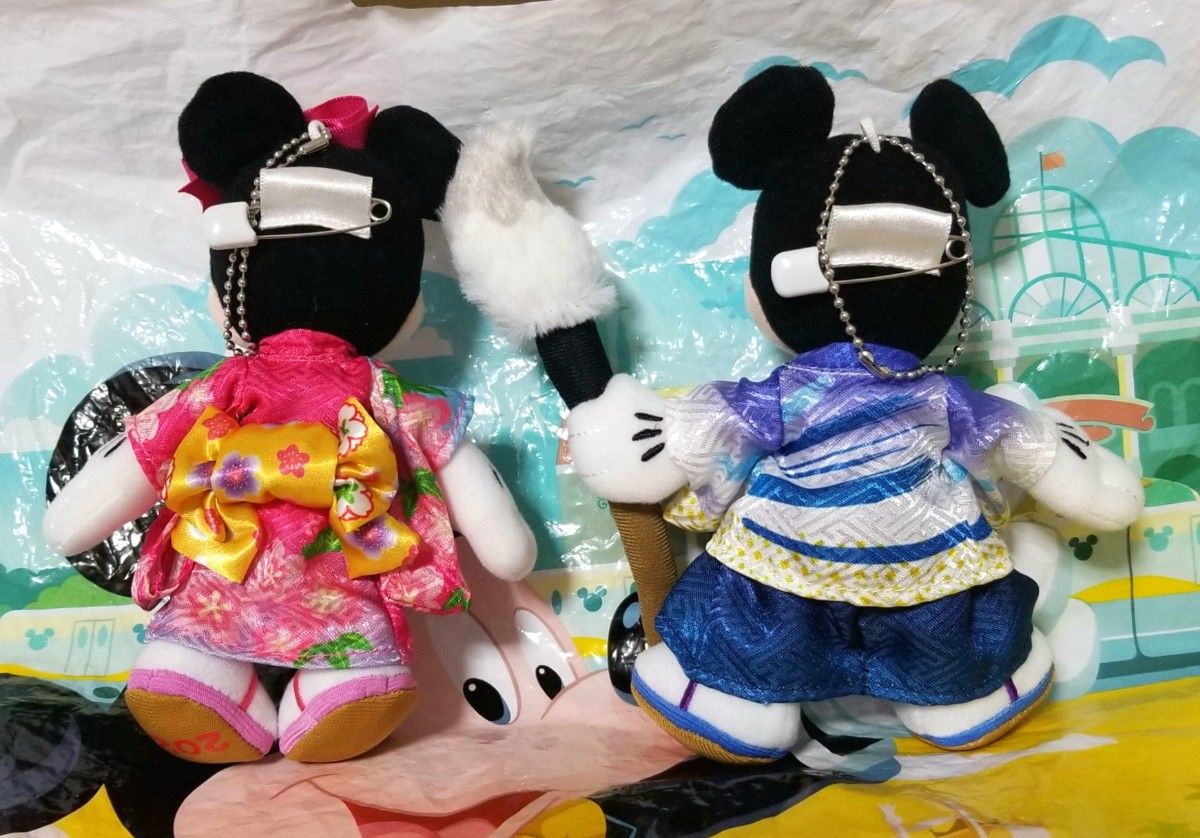 ミッキー&ミニー ぬいぐるみバッジセット タグ無『ディズニーのお正月