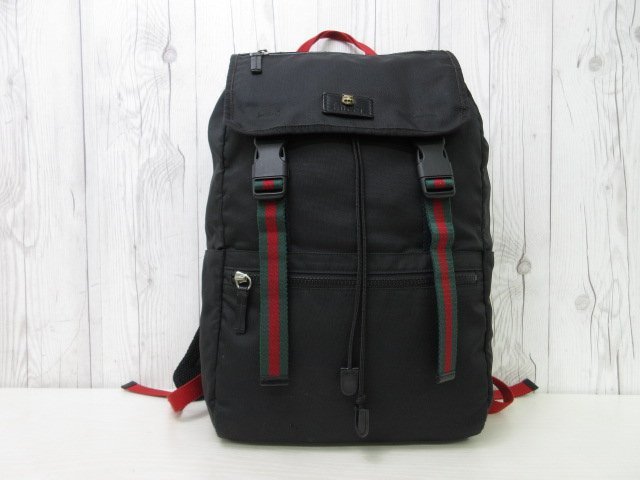 極美品 GUCCI グッチ シェリーライン バックパック リュックサック バッグ ナイロン×レザー 黒系 A4収納可 メンズ 56414a