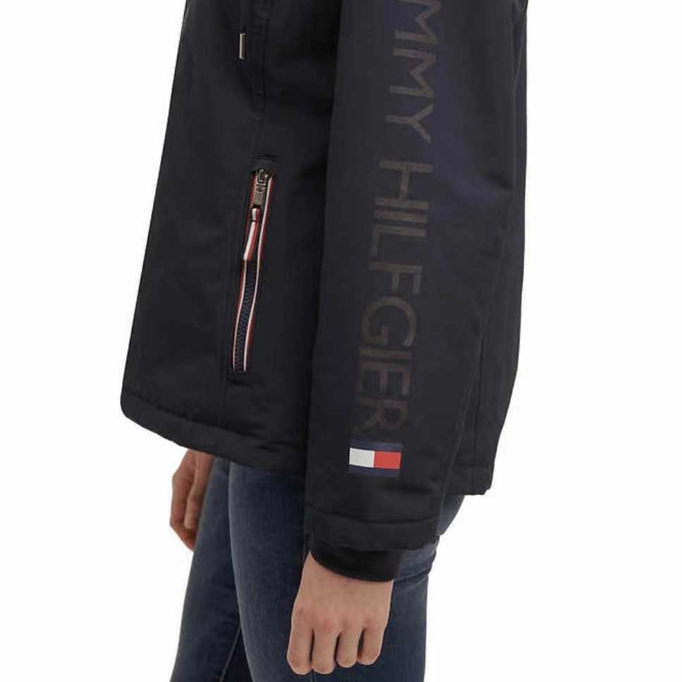 新品TOMMY HILFIGER トミーヒルフィガー フーディー パデッドパーカー マウンテンパーカー コート/ジャケット ネイビー レディース 袖ロゴ