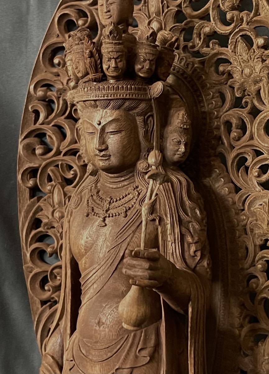 大型高62cm 井波彫刻 仏教工芸品 総楠製 極上彫 木彫仏像 十一面観音