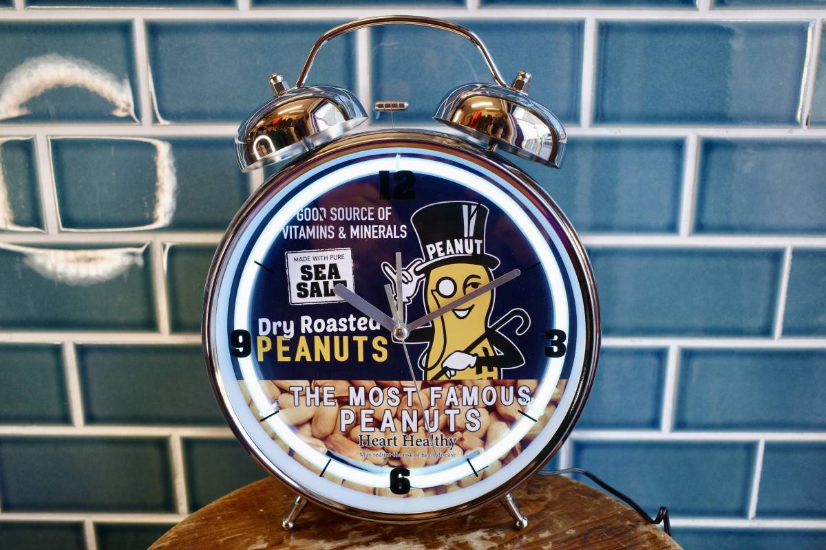 新品 Mr Peanuts ミスターピーナッツ ネオンアラームクロック 時計 アメリカン アドキャラ インテリア 目覚まし アドキャラの画像1