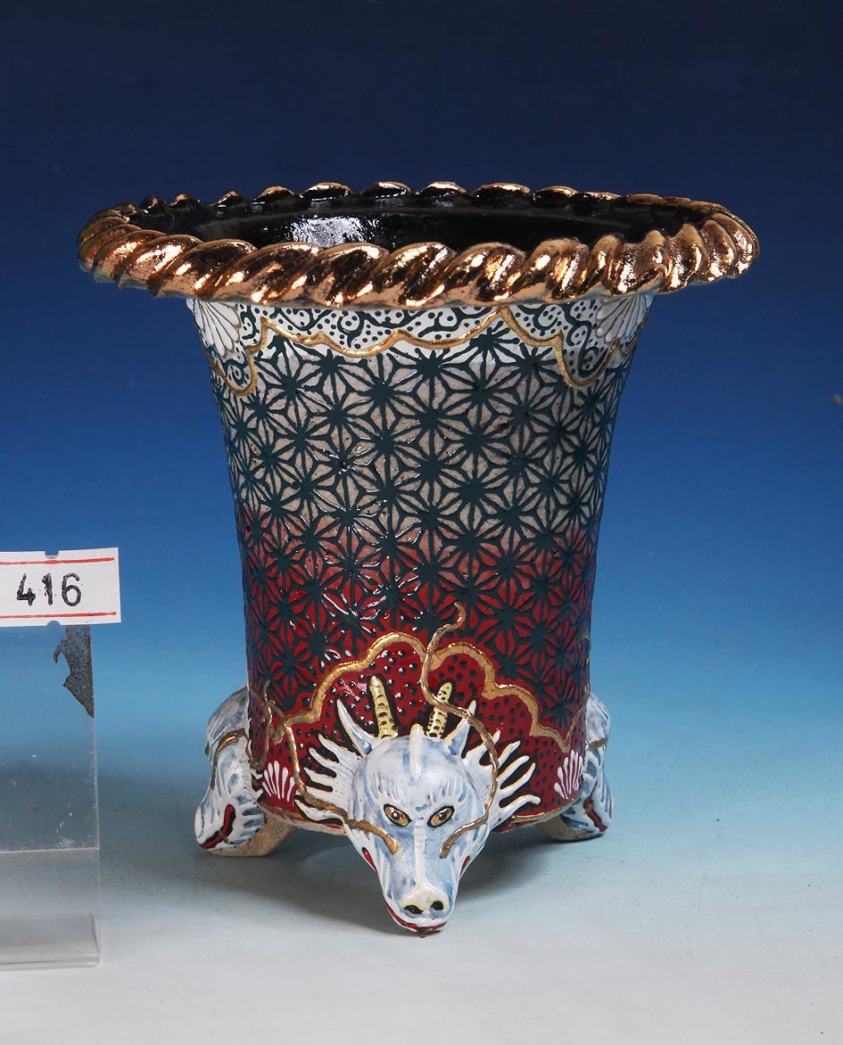 京楽焼 利山 奏山 麻の葉 縄縁 竜足 錦鉢 万年青鉢 3.5号鉢 管理No.416-