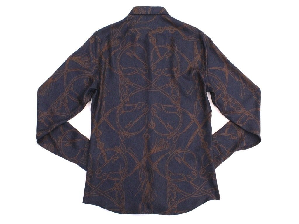 21万新品◇42=L~XL◇GUCCI グッチ 紺シルク100%ホースビット柄シャツ
