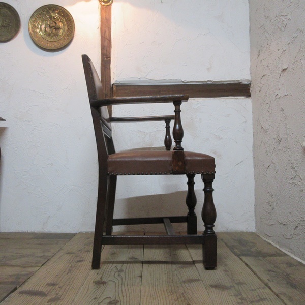 イギリス アンティーク 家具 アームチェア ダイニングチェア リアルレザー 椅子 イス 木製 オーク 英国 DININGCHAIR 4956d_画像6