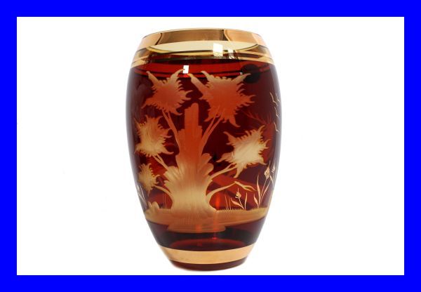 未使用ヴィンテージ BOHEMIA ボヘミアグラス 金彩グラヴィール彫刻 クリスタル ガラス 花瓶 フラワーベース 花器チェコ アンティーク Z3247_画像1