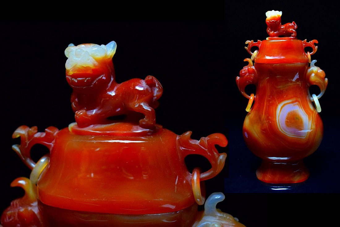 ディスカウント ニ 中国 灰瑪瑙獅子蓋活環香炉 コレクション 送料込み