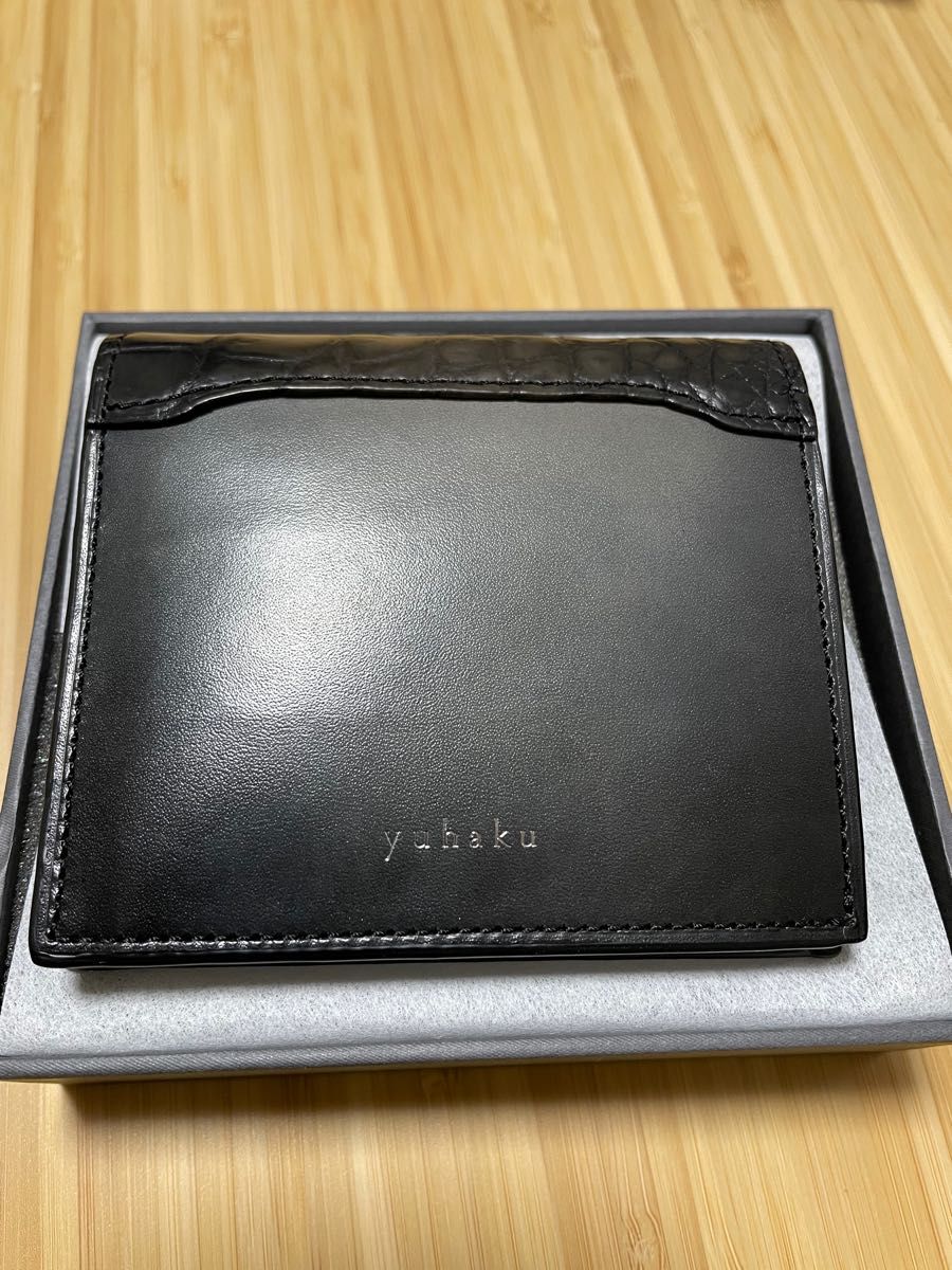 ユハク クロコダイル 二つ折り長財布 黒 yuhaku YCA122 クロコダイルコンビ 薄型二つ折り財布