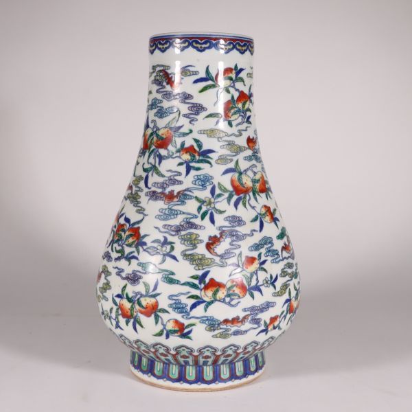 中国陶瓷◆「 清◆ 雍正年製 青花鬥彩福壽尊◆ 箱付 」 高さ約：35CM 幅さ約：22CM