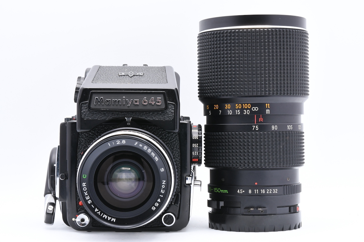 Mamiya M645 1000s + MAMIYA-SEKOR C 55mm F2.8 + ZOOM C 75-150mm F4.5 マミヤ  中判フィルムカメラ 単焦点 ズーム レンズセット 06403