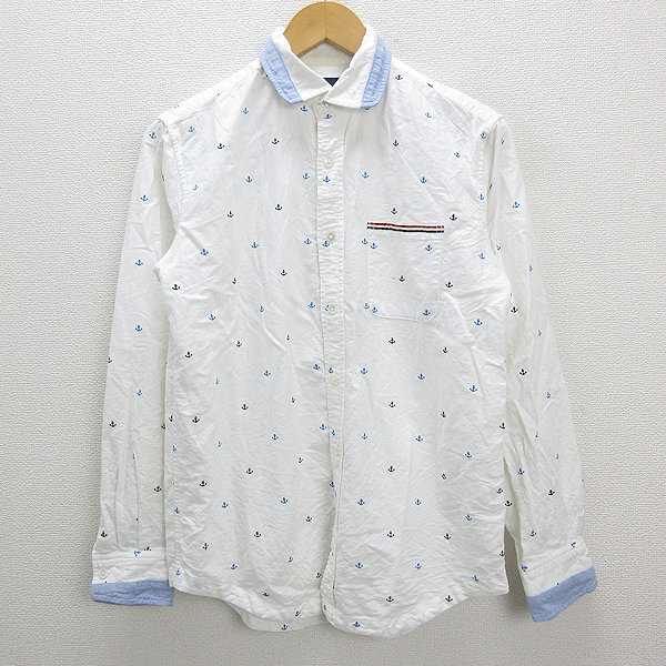 X★ シップス/SHIPS 碇総柄刺繍 ラウンドカラー長(zhǎng)袖シャツ【M】白MENS/20【中古】■