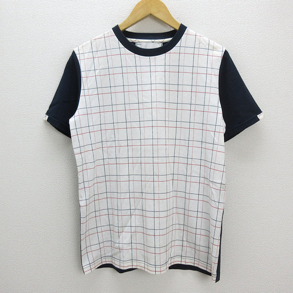 * made in Japan Ships /SHIPS check pattern T-shirt tops * navy blue / white / red [ men's M] MENS/71[ used ]#