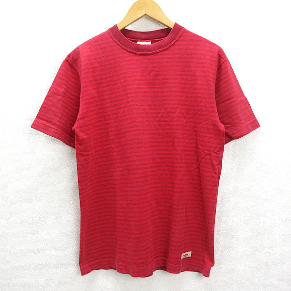 X★ グッドウェア/GOODWEAR ボーダー柄 クルーネックTシャツ【M】赤MENS/68【中古】■_画像1