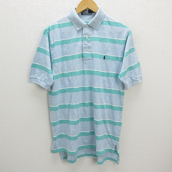 Z■ラルフローレン/Ralph Laurenボーダー半袖ポロシャツ■水色/緑【メンズM】MENS/ナイガイ/15【中古】■_画像1