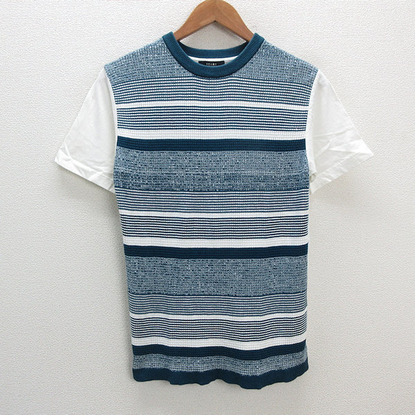 s# Beams /BEAMS border pattern knitted switch short sleeves T-shirt [S] green series /MENS/69[ used ]