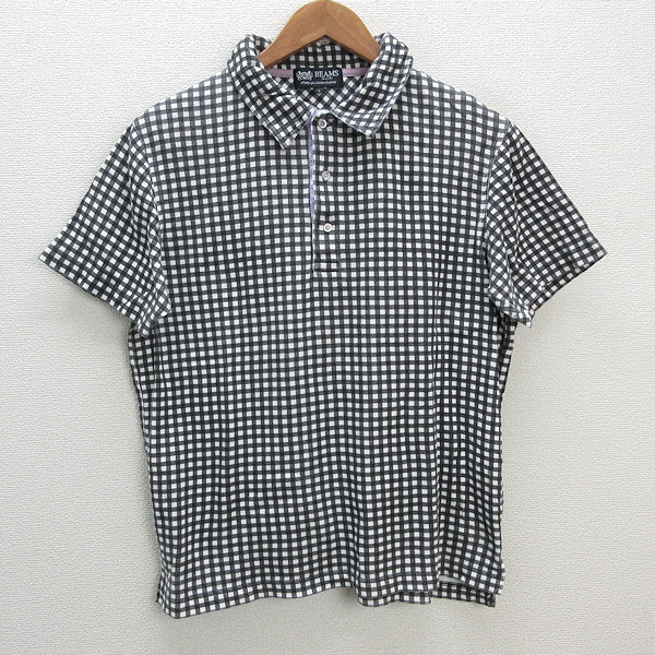 y# Beams /BEAMS check pattern polo-shirt with short sleeves # white / black [ men's L ]MENS/133[ used ]