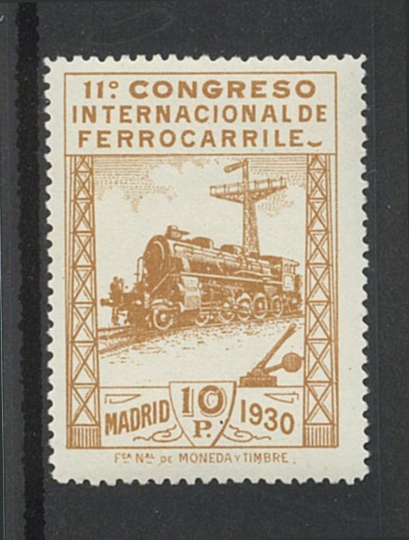 外国切手　スペイン　国際鉄道会議　10P　機関車　1930年　FERROCARRILESのS欠け