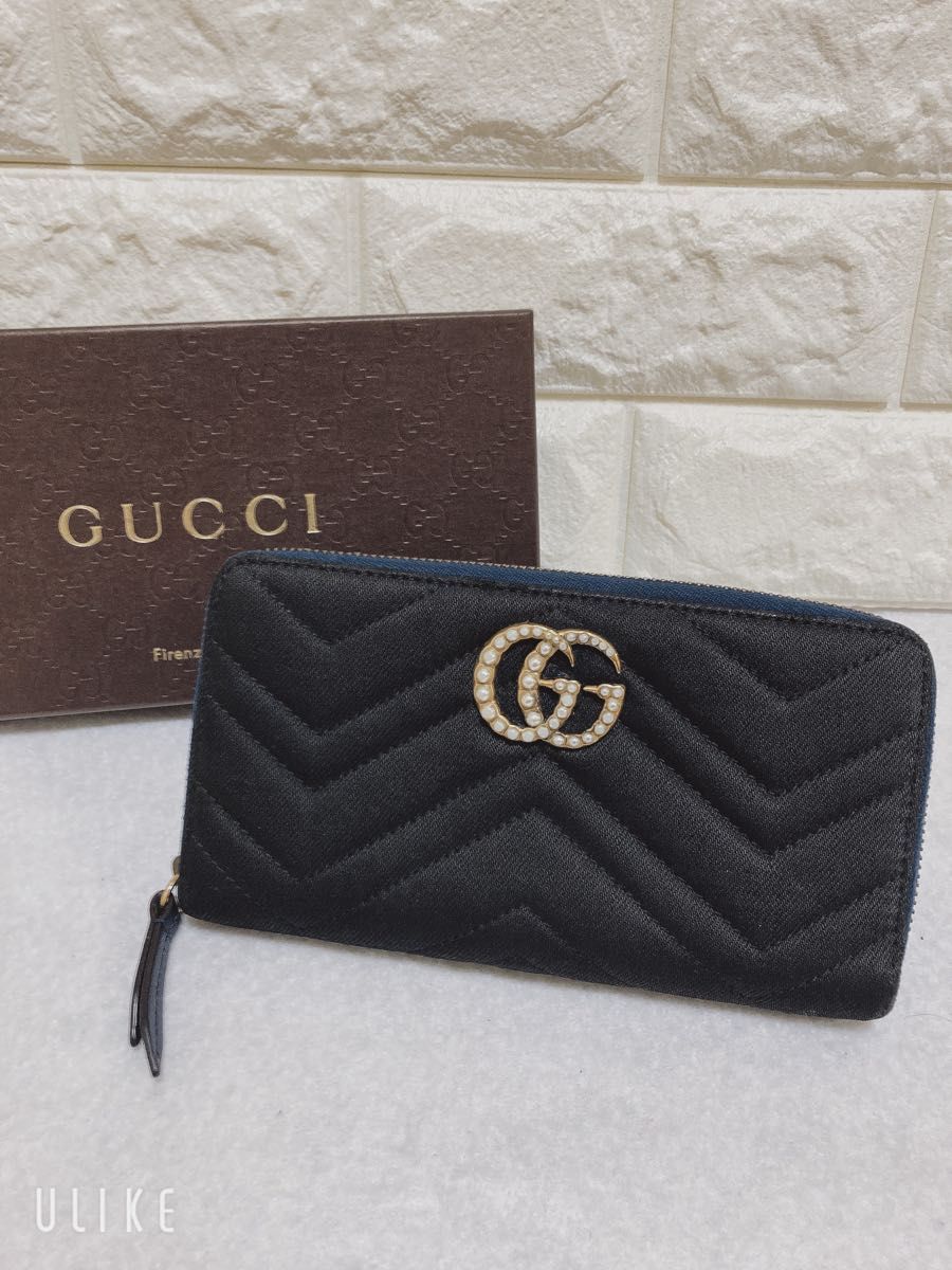 GUCCI グッチ マーモント ラウンドファスナー 長財布 ブラックデニム