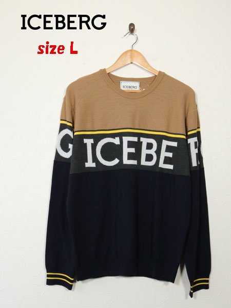  new goods maximum price cut ICEBERG Iceberg unusual material switch . with logo knitted sweater navy brown group size L