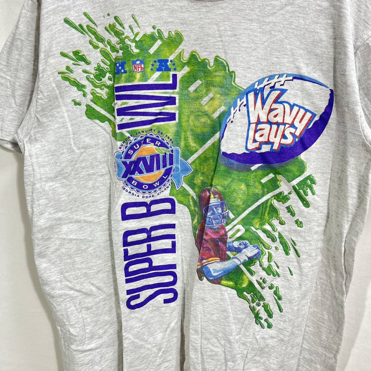 ■ 90s 90年代 ビンテージ USA製 NFL Wavy Lays SUPER BOWL XXVIII 両面プリント 半袖 Tシャツ サイズL グレー アメフト スーパーボウル ■_画像4