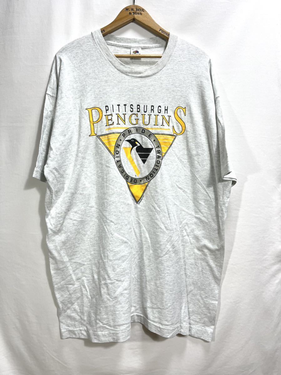 ■ 90s 90年代 ビンテージ USA製 FRUIT OF THE LOOM NHL Pittsburgh Penguins Tシャツ グレー サイズXXL ペンギンズ アイスホッケー ■_画像1