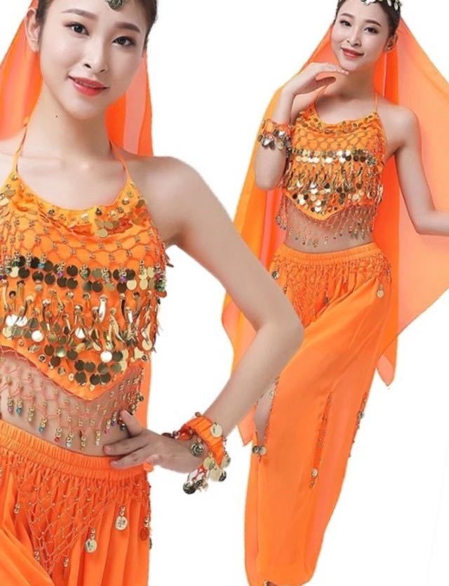 ベリーダンスブラトップスカートエジプトベリーダンス衣装ボリウッド衣装インドドレスベリーダンスドレスベリーダンスジプシー衣装オレンジ_画像1