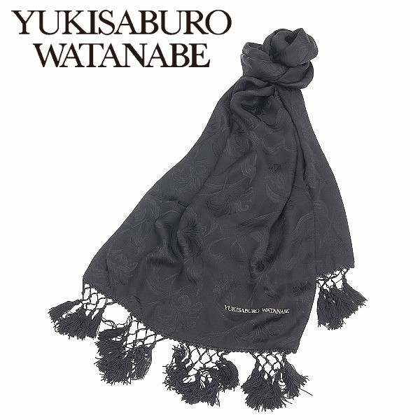 新品同様●YUKISABURO WATANABE ユキサブロウ ワタナベ 渡辺雪三郎 花 フラワー織り柄 フリンジ シルク ストール マフラー 黒 ブラック_画像1