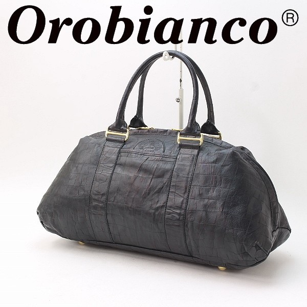 Orobianco オロビアンコ クロコ型押し レザー ボストン ハンド バッグ 黒 ブラック