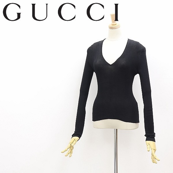 ●GUCCI グッチ 100% シルク ハイゲージ ニット トップス 黒 ブラック XS_画像1