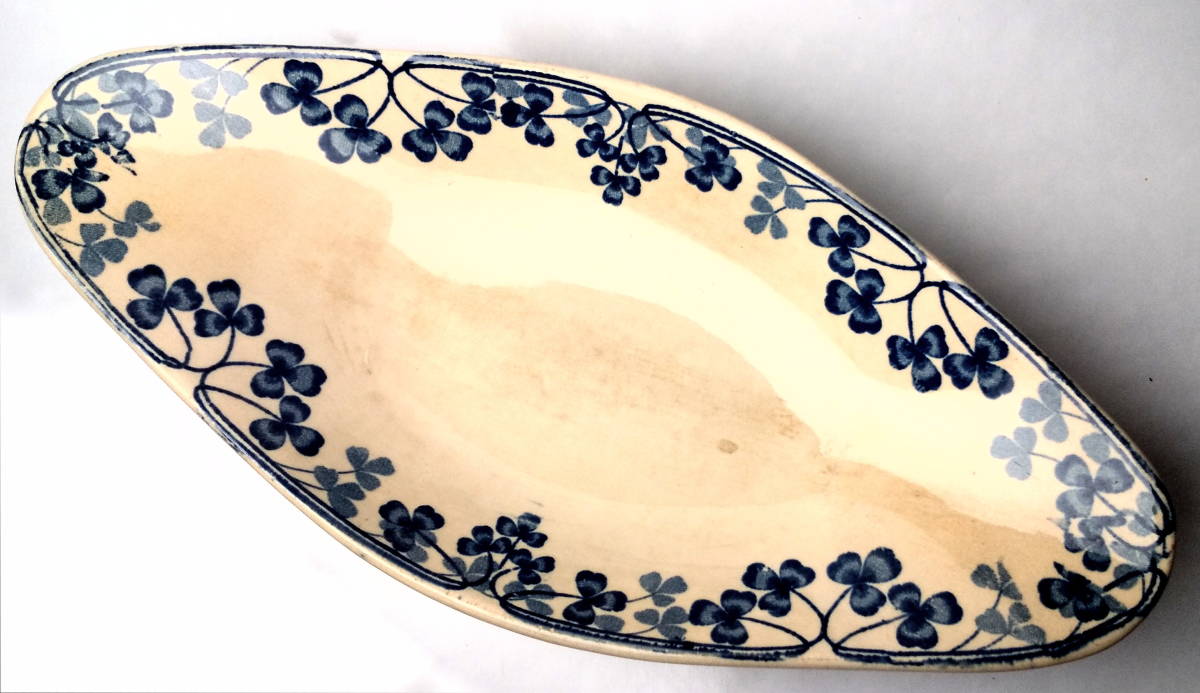 19世紀後期頃 フランス Sarreguemines サルグミンヌ窯 U&C ラヴィエ皿 プレート 楕円 可憐なクローバー VICHY 古色風合 古道具の画像1