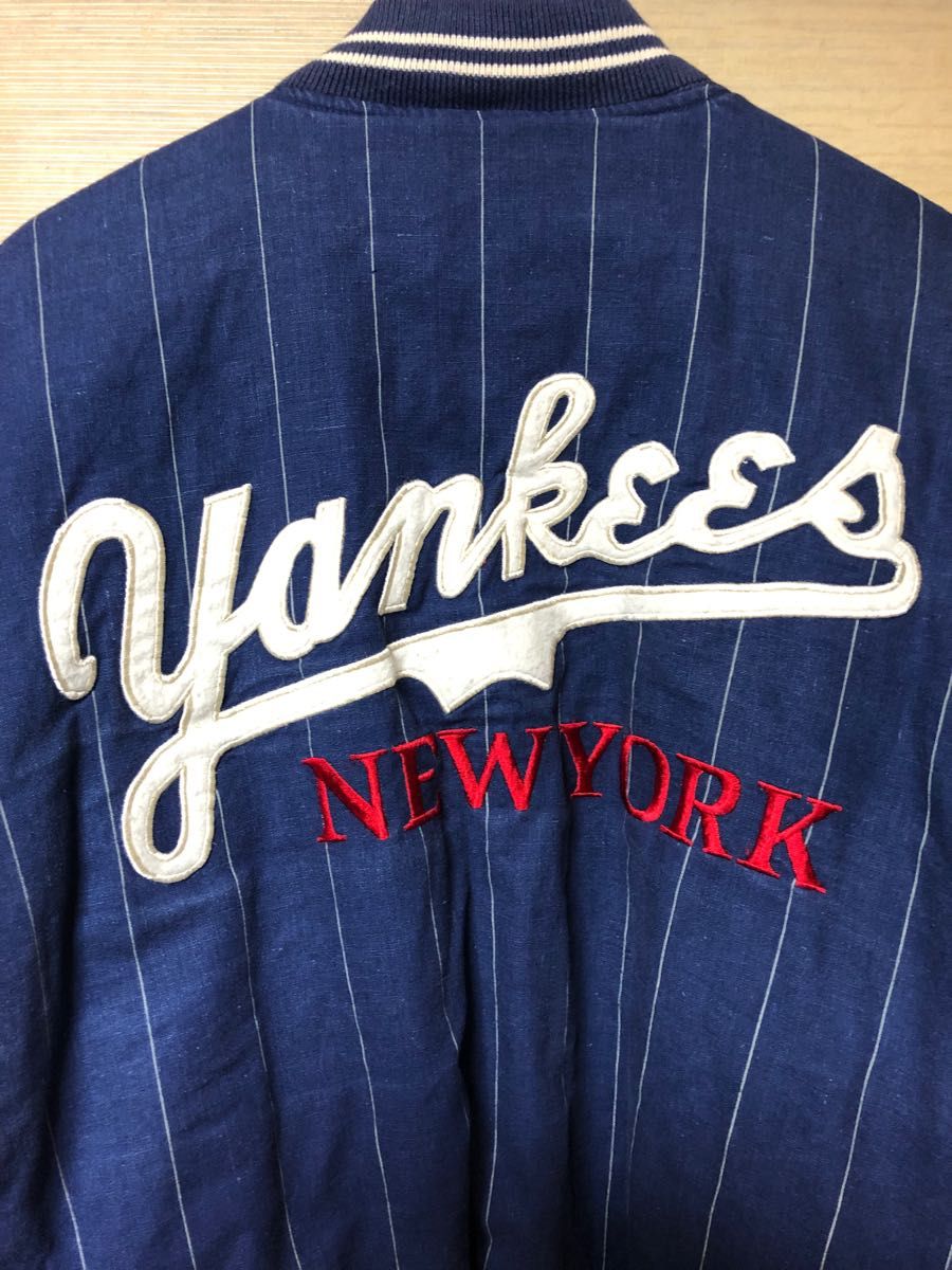 ヤンキース スタジャン 刺繍 ワッペン ストライプ メンズ 古着 MLB ネイビー ホワイト NY ベースボール 柄 ビンテージ 