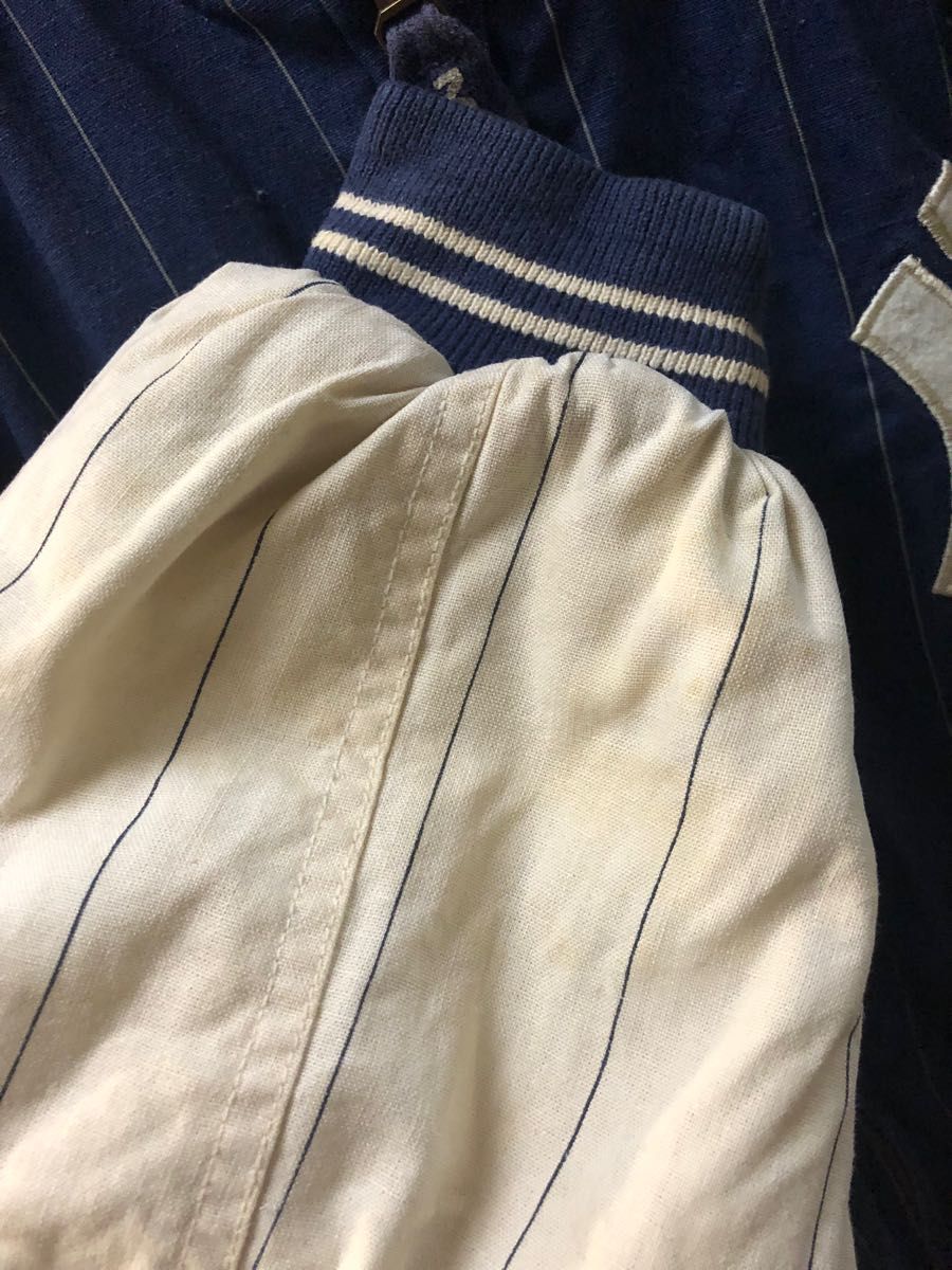ヤンキース スタジャン 刺繍 ワッペン ストライプ メンズ 古着 MLB ネイビー ホワイト NY ベースボール 柄 ビンテージ 