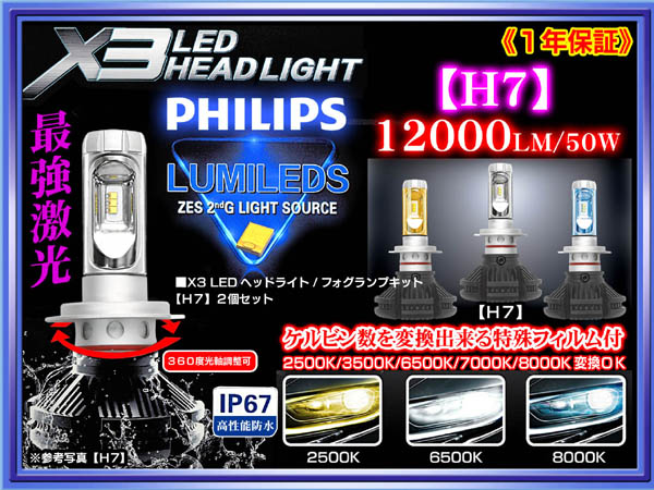 X3【H7】最新版LEDヘッドライト/フォグランプキット1年保証/12000LM.6500K/50W/2個セット12V.24V/特殊フイルム付/PHILIPS車検対応_画像1
