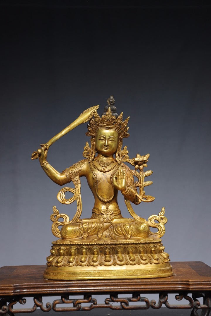 古董店旧蔵・時代珍品・銅流金彫・文殊菩薩・古仏像・供養品・中国古玩